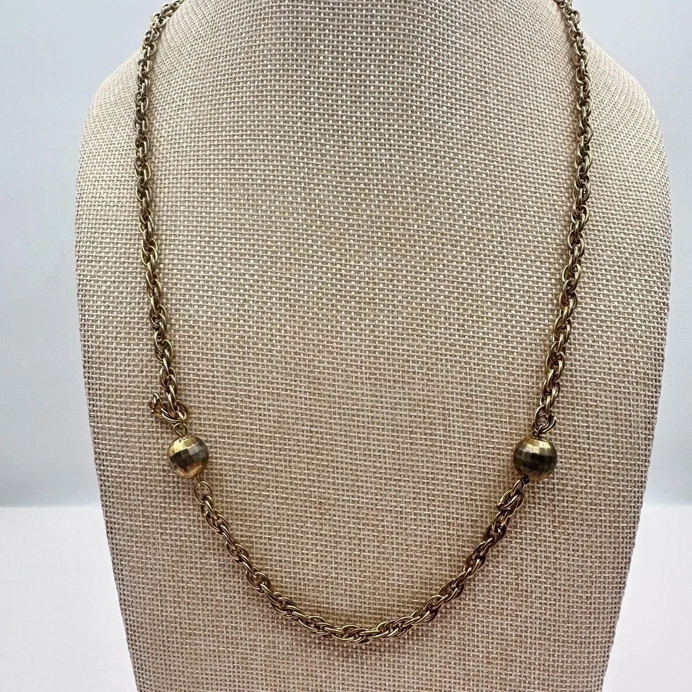Vintage 80s Gold Tone Ball Bead‎ Station Necklace Rope Chain Statement Jewelry